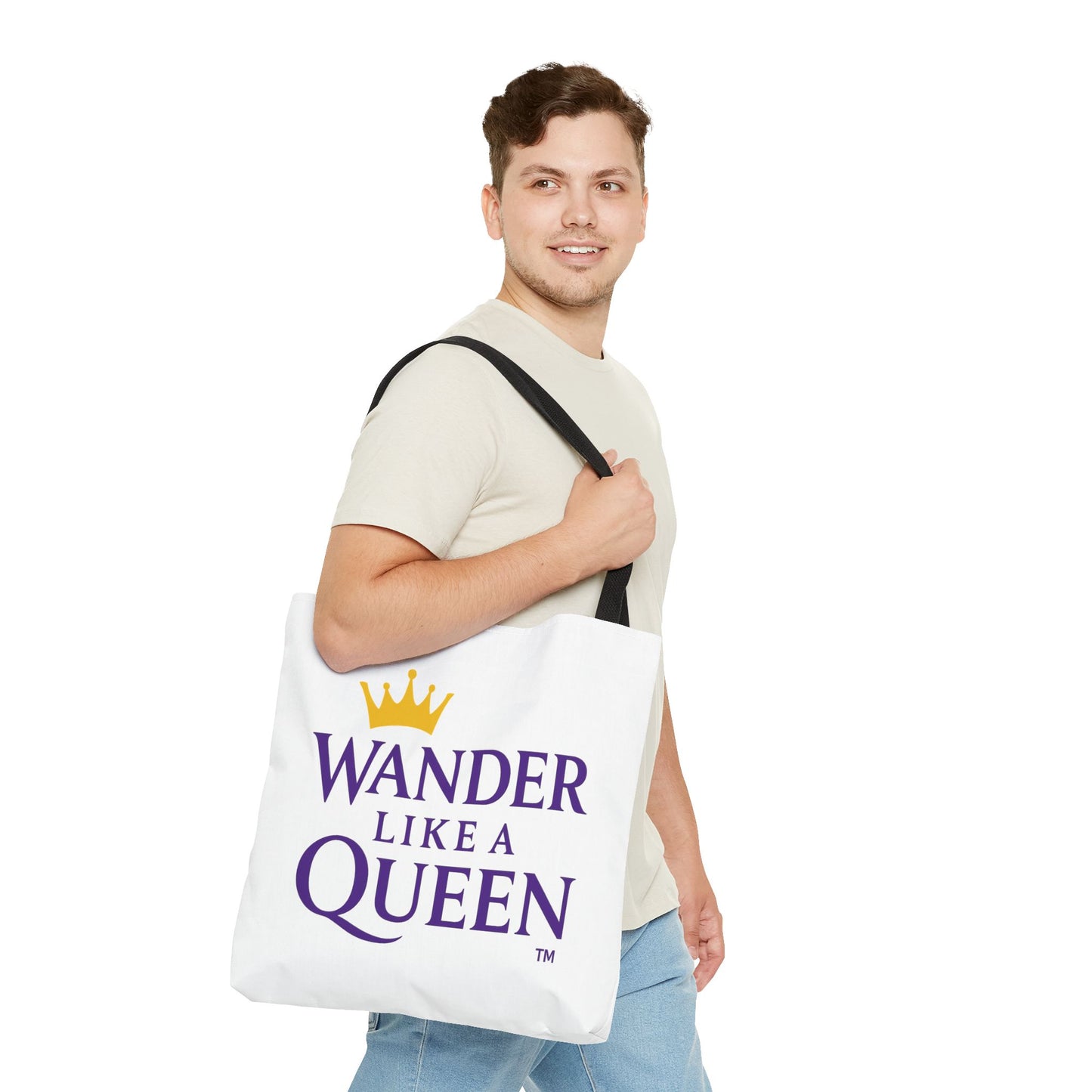 Wander Like a Queen Tote Bag, Motivational Shoulder Bag, Eco-Friendly Carryall, Gift for Travelers, Stylish Shopping Tote