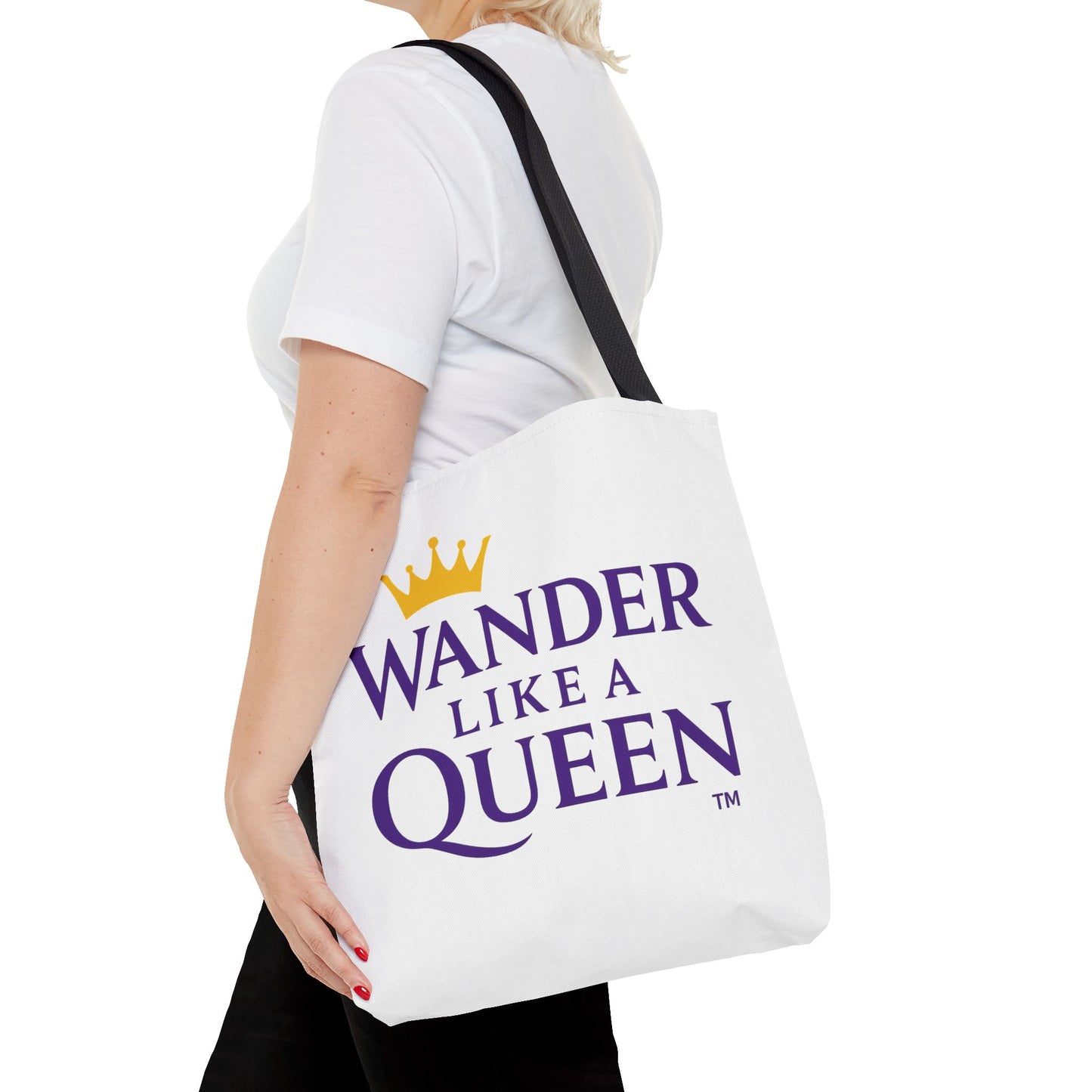 Wander Like a Queen Tote Bag, Motivational Shoulder Bag, Eco-Friendly Carryall, Gift for Travelers, Stylish Shopping Tote