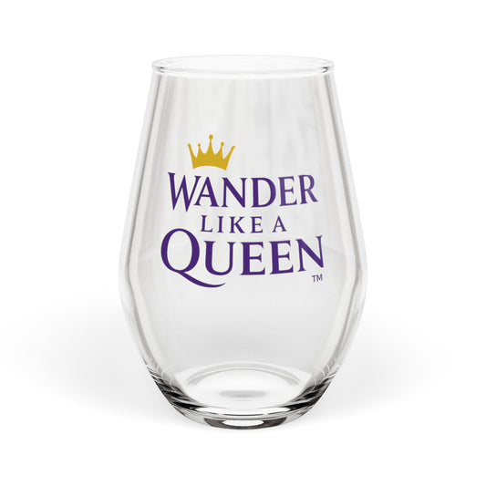 Stemless Wine Glass - "Wander Like a Queen" Travel-Inspired Glass (11.75 oz)