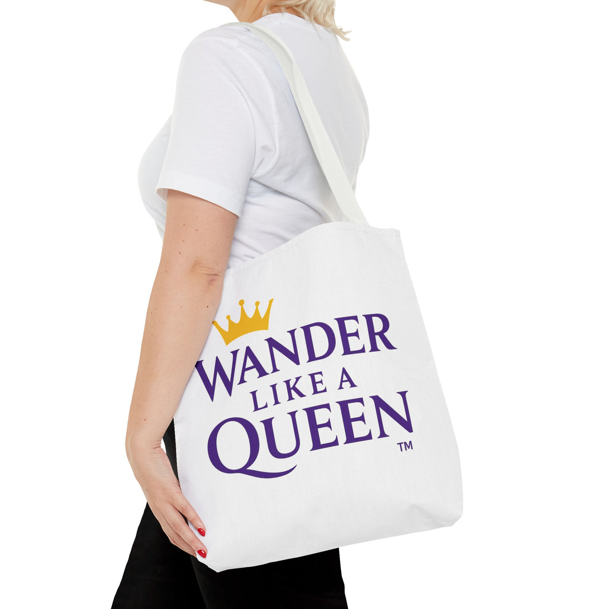 Wander Like a Queen Tote Bag, Motivational Shoulder Bag, Eco-Friendly Carryall, Gift for Travelers, Stylish Shopping Tote