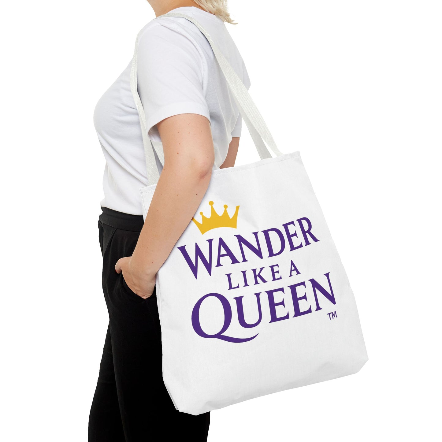 Wander Like a Queen Tote Bag, Motivational Shoulder Bag, Eco-Friendly Carryall, Gift for Travelers, Stylish Shopping Tote