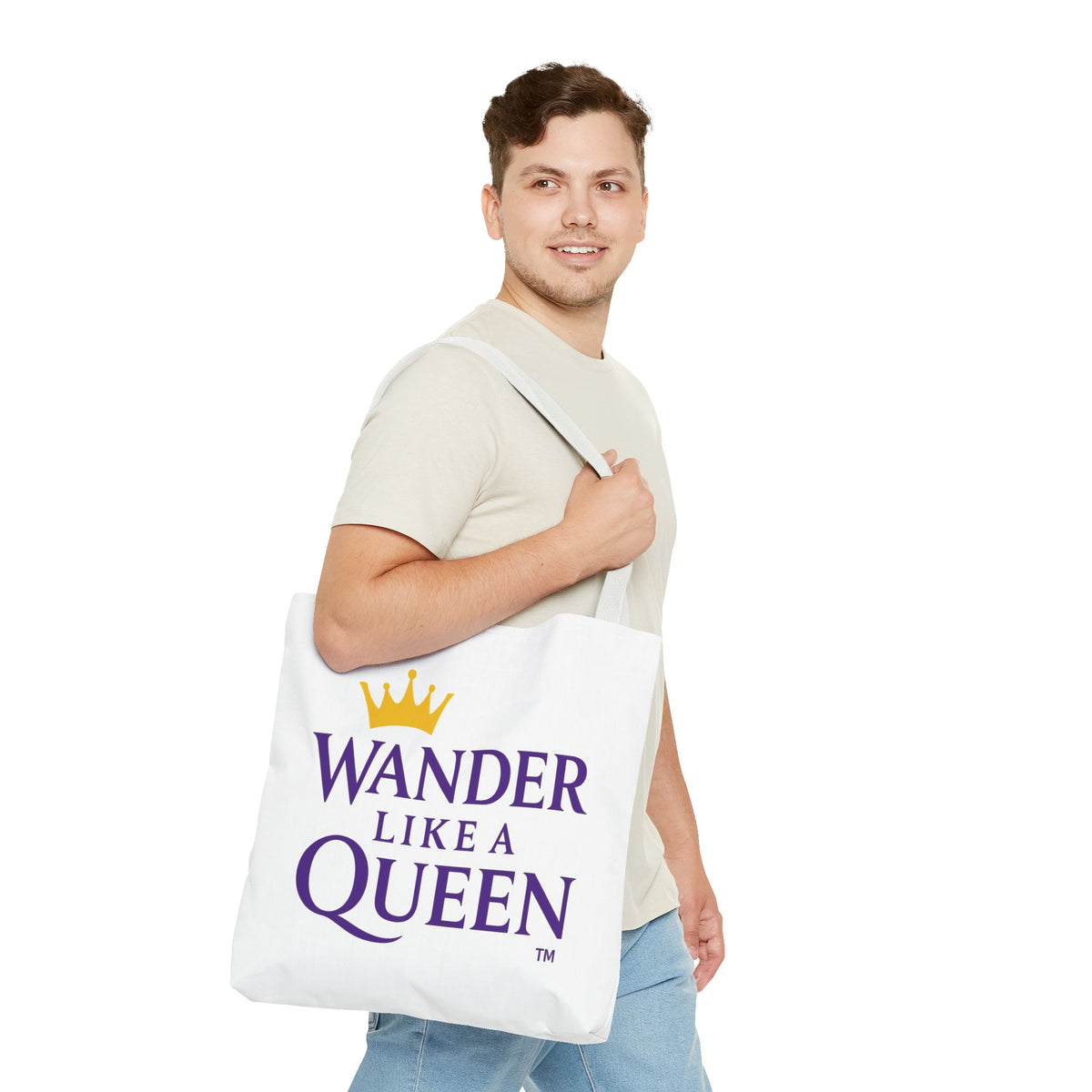 Wander Like a Queen Tote Bag, Motivational Shoulder Bag, Eco-Friendly Carryall, Gift for Travelers, Stylish Shopping Tote