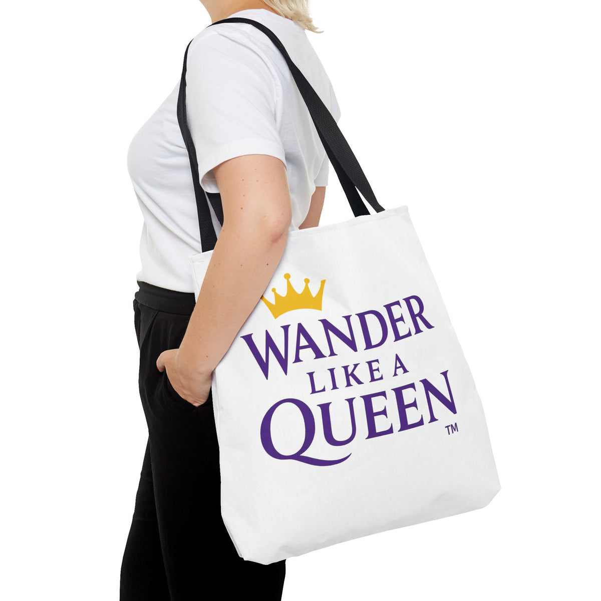 Wander Like a Queen Tote Bag, Motivational Shoulder Bag, Eco-Friendly Carryall, Gift for Travelers, Stylish Shopping Tote